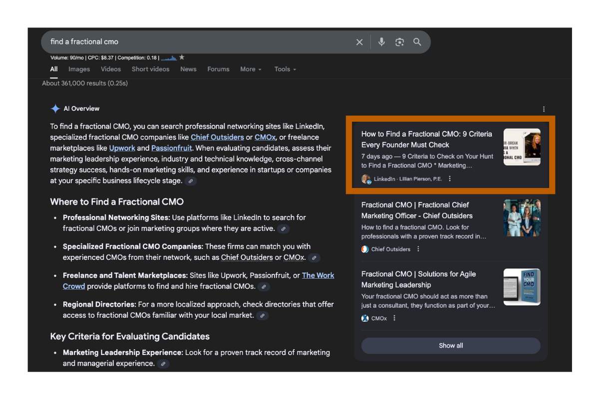 Google AI Overview surfaces Lillian Pierson's LinkedIn for 'find a fractional cmo'