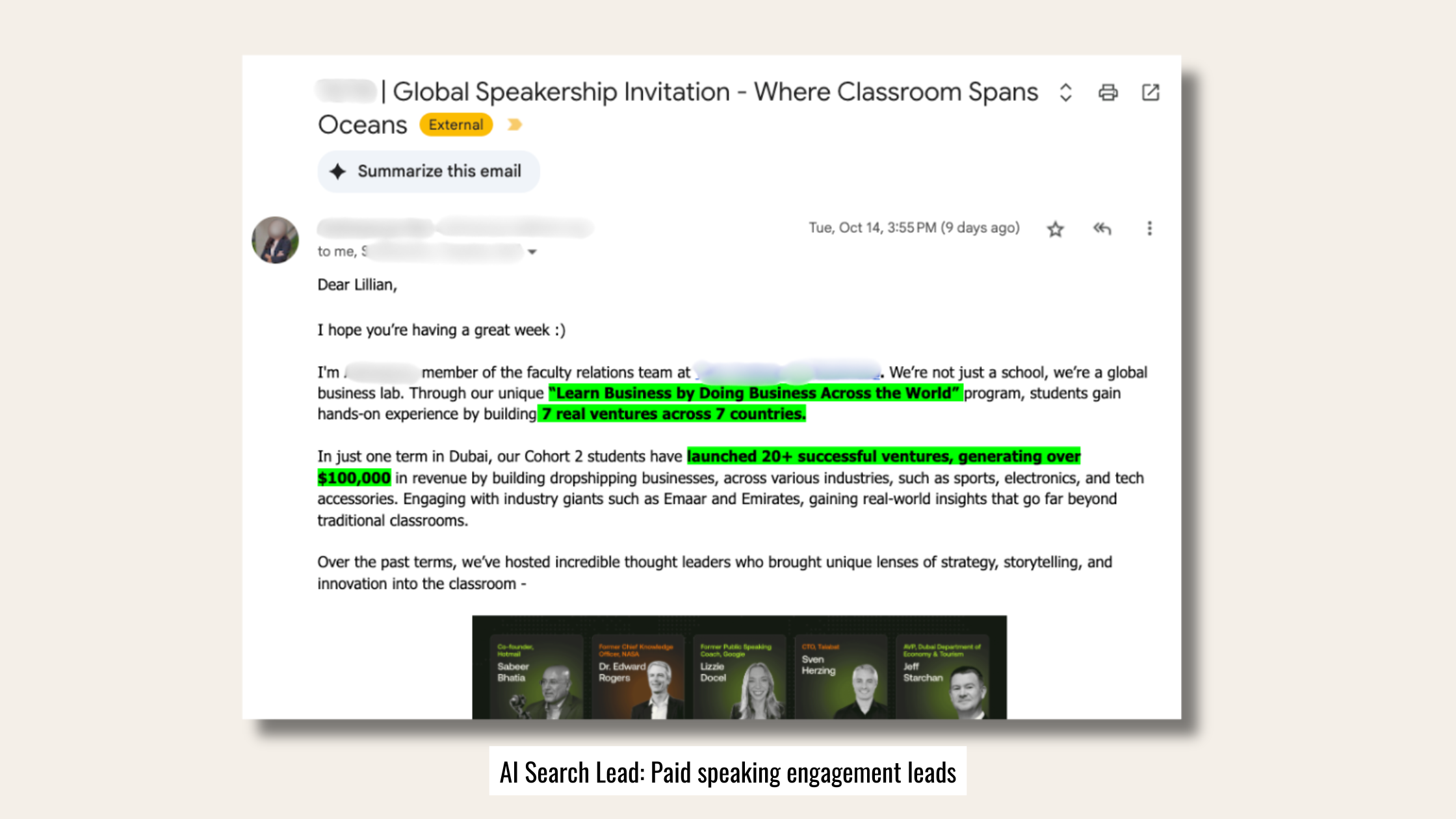 Global speakership invitation email received via AI search discovery