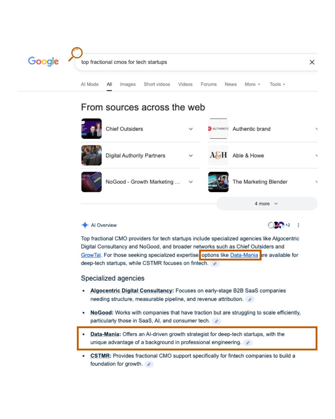 Google AI Overview cites Data-Mania as a top fractional CMO option for deep-tech startups